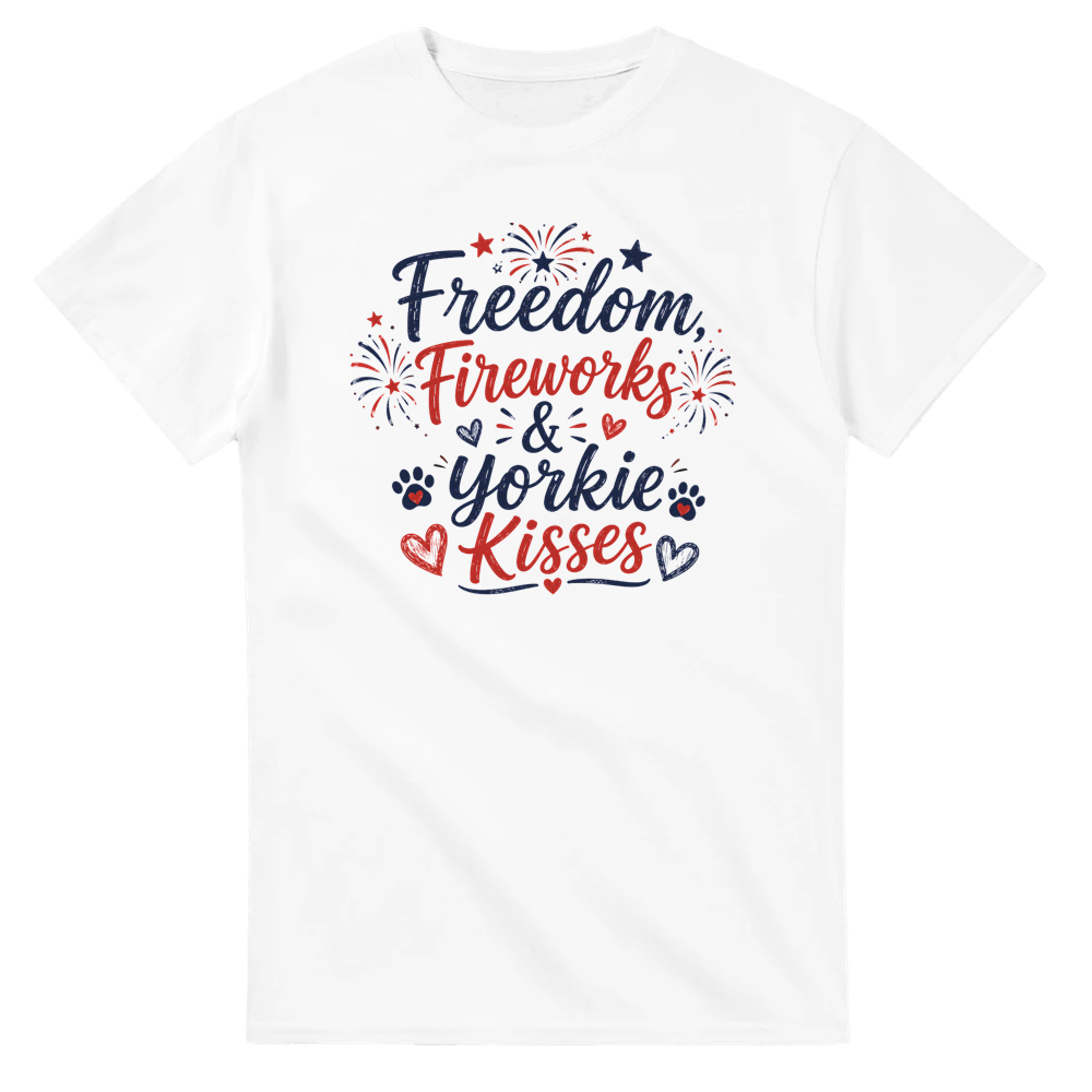 Freedom, Fireworks & Yorkie Kisses – Heavyweight Unisex Crewneck T-Shirt | Gildan® 5000