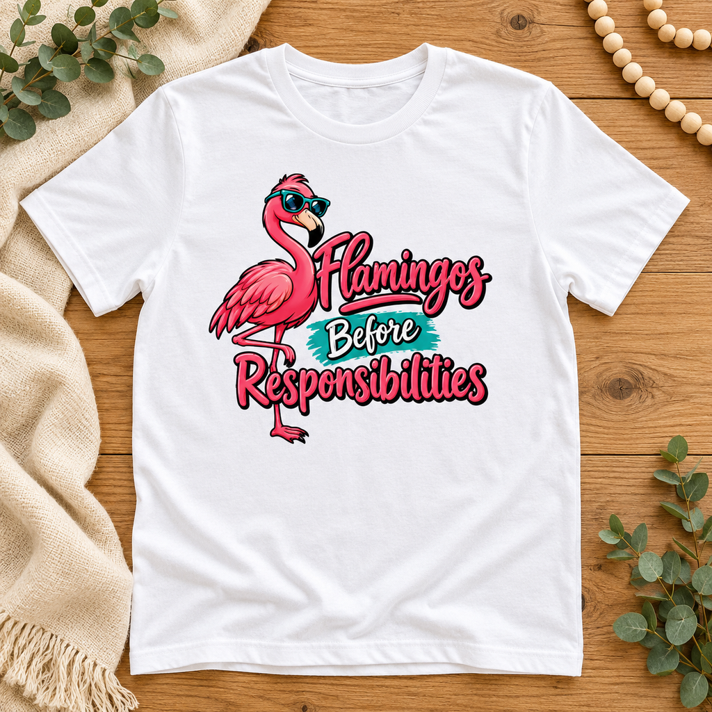 Flamingos Before Responsibilities – Premium Unisex Crewneck T-Shirt | Bella + Canvas 3001