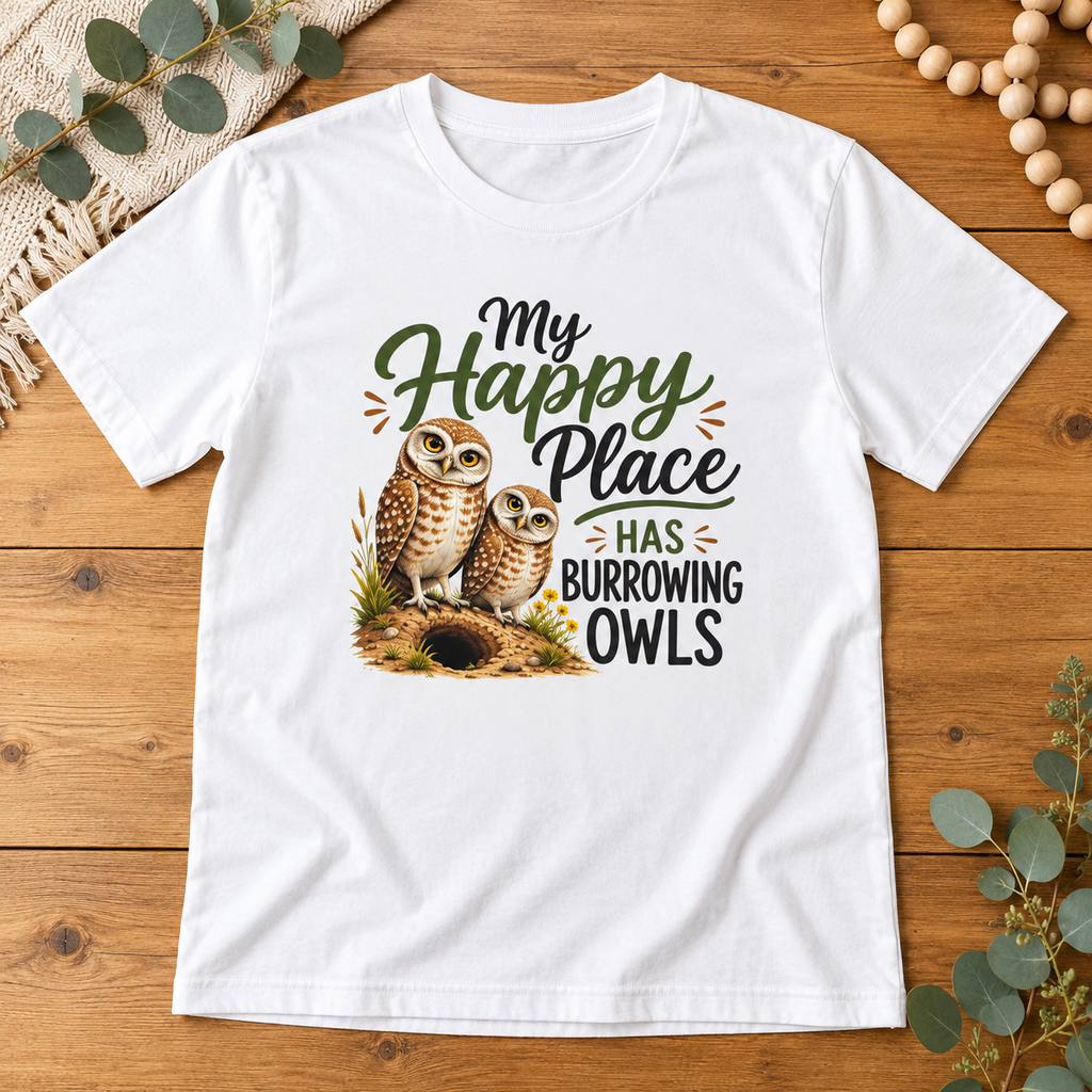 My Happy Place Has Burrowing Owls – Premium Unisex Crewneck T-Shirt | Bella + Canvas 3001