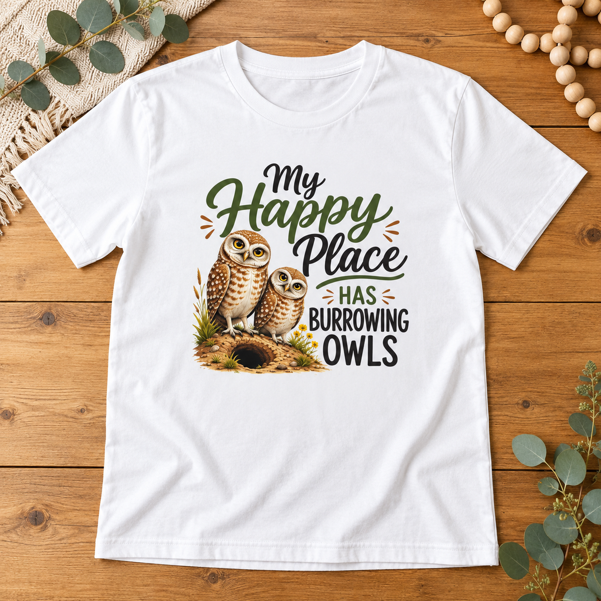My Happy Place Has Burrowing Owls – Premium Unisex Crewneck T-Shirt | Bella + Canvas 3001