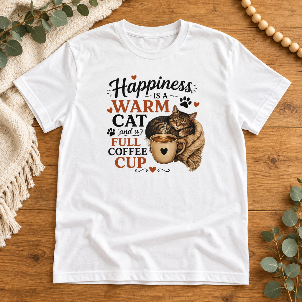 Happiness Is A Warm Cat And A Full Coffee Cup – Heavyweight Unisex Crewneck T-Shirt | Gildan® 5000